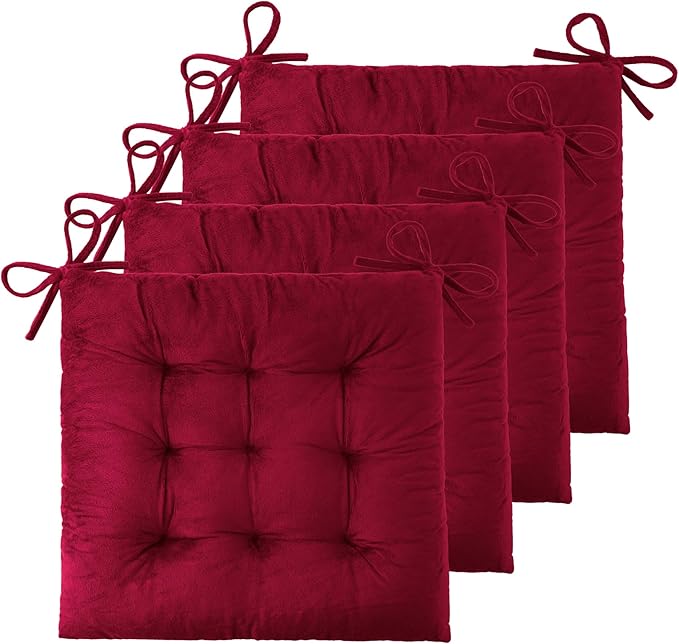 ELFJOY 4 Pack Chair Cushions for Dining Chairs Chair Pads Cushion for Kitchen Office Tufted Square Seat Cushion with Ties (16" Burgundy Velvet)