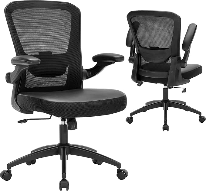 Ergonomic Office Chair Adjustable PU Leather Computer Chair with Lumbar Support,Flip-Up Arms, Breathable Mesh Back, Swivel Rolling Executive Desk Chair for Home Office, Black