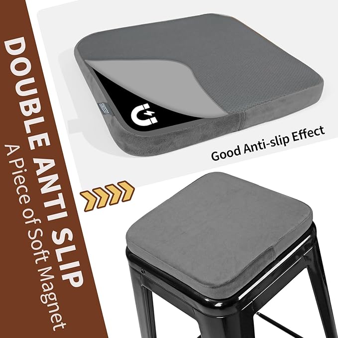 SINOSSO Magnetic Memory Foam Metal Stool Cushions Set of 2, Luxury Velvet Bar Cafe Stackable Chair Seat Pads, Non-Slip & Washable (Square, Gray, 2)