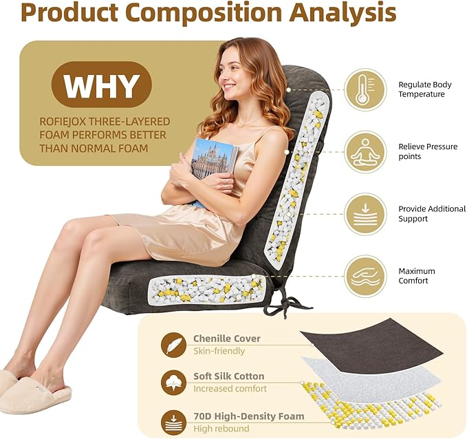 Rocking Chair Cushion - Chenille Fabric, High-Density Sponge, Durable Comfort Double-Sided Tufted Seat Pads with Ties, Chenille︱Sepia Brown, 44x19x4 inch