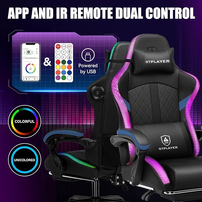 GTPLAYER RGB Gaming Chair with Speakers - LED Computer Game Chair for Adults, PC Home Office Chairs with Footrest & Lights, Reclining Desk Chairs, Blue