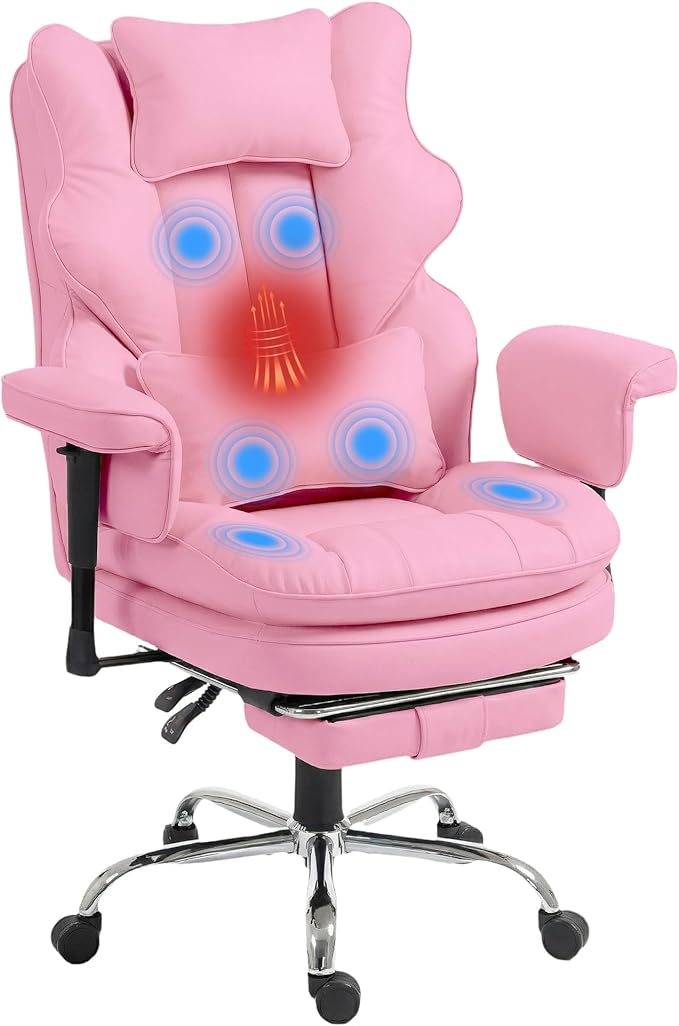 Big and Tall Massage Office Chair with Heat, Extra Wide Double-Layer Pocket Spring Cushion, High Back Reclining Gaming Chair with Adjustable Armrests & Footrest, Heavy Duty Ergonomic Chair, Pink