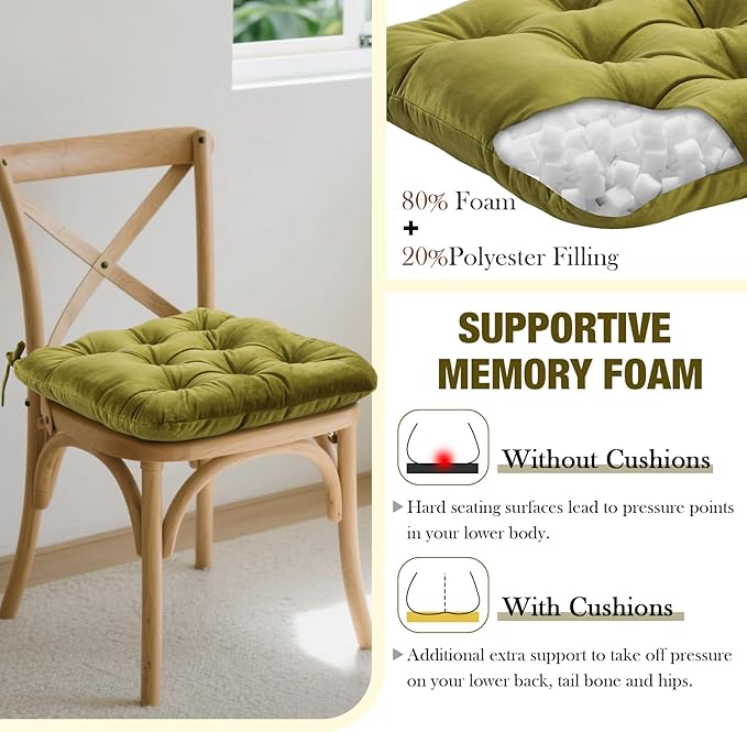 Nuanchu Memory Foam Chair Cushions Set of 4, Thick Indoor Seat Cushions for Dining Chairs Tufted Seat Pads for Kitchen, Dining Room, Office,(Mustard Green,15.5"x15.5"x4")