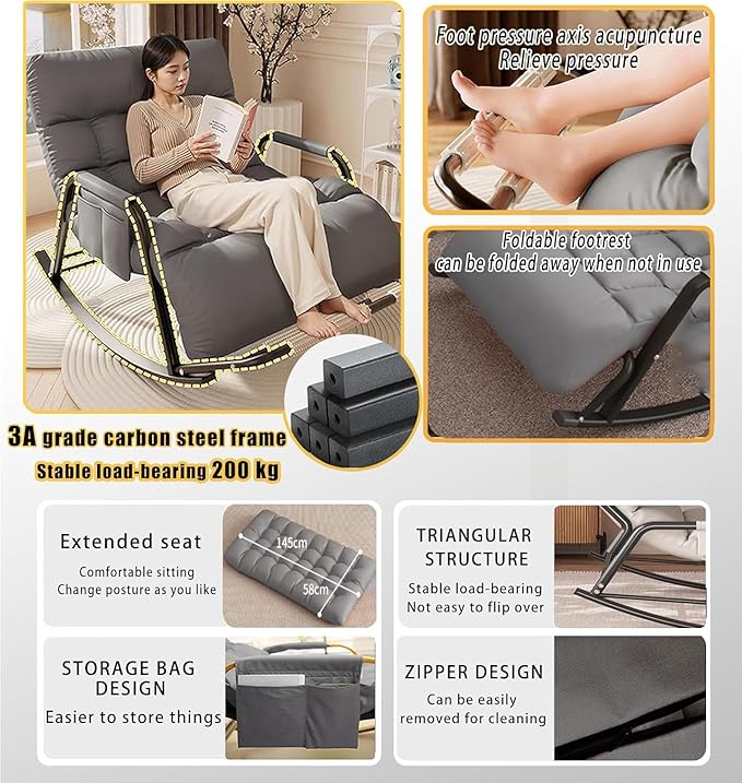 Oversized Rocking Chair-Winter/Summer Rocking Chair with Foot Rest，180° Adjustable with Removable Padding and Side Pockets， for Living Room Balcony Porch Patio