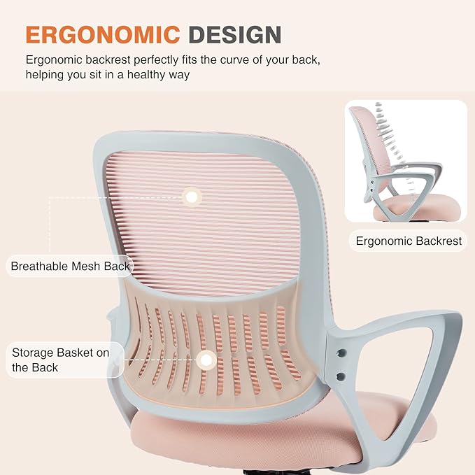 Sweetcrispy Ergonomic Mid-Back Mesh Home Office Desk Chair with Wheels, Managerial Executive Chair with Lumbar Support, and Comfortable Armrests for Home, Bedroom, Study, Office, Pink