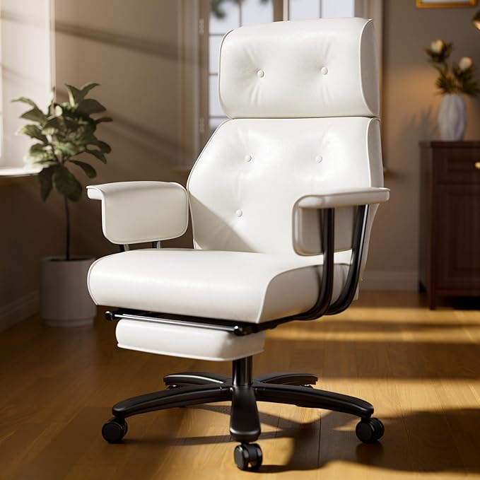 SeekFancy Criss Cross Chair with Wheels and Arms, Reclining Office Chair with Footrest and Wide Seat, Leather Big and Tall Desk Chair 400LBS, Button Tufted Vintage Design, White
