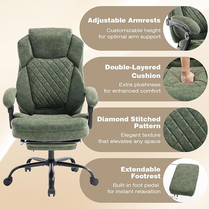 400lbs Ergonomic Reclining Office Chair with Footrest, Plus Size Big Tall Leather Recliner Office Desk Chairs with Foot Leg Rest, Green