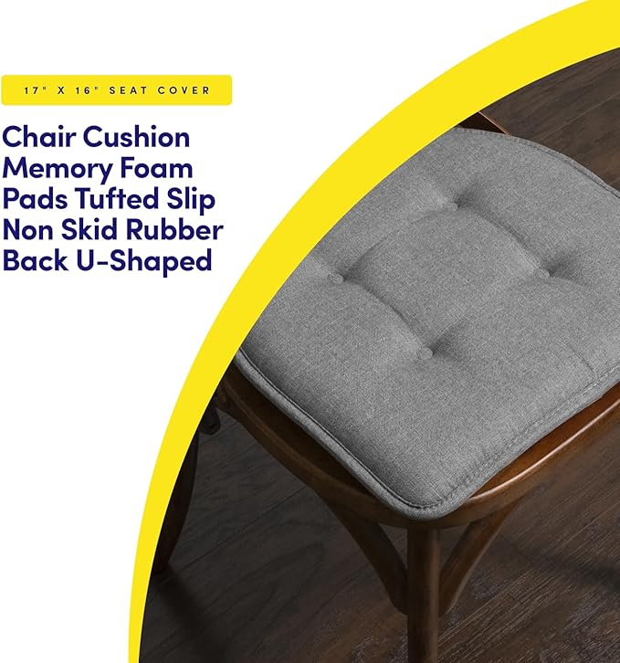 Sweet Home Collection Chair Cushion Memory Foam Pads Tufted Slip Non Skid Rubber Back U-Shaped 17" x 16" Seat Cover, 2 Count (Pack of 1), Grey