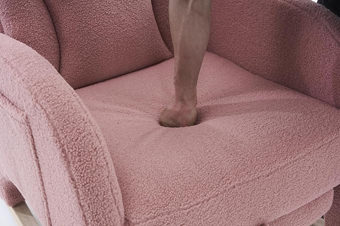 Rocking Chair with Foot Rest, Nursery Glider Teddy Gliding Rocking Chair with Retractable Footrest Rubber Wood Legs Side Pocket High Back & Wide Seat Nursing Chair for Living Room (Pink)
