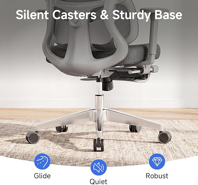 Ergonomic Office Chair with Footrest, 4D Armrests & Dynamic Lumbar Support, High Back Mesh Desk Chair with Adjustable Headrest, Reclining Computer Chair 380lbs for Long Hours (Grey)