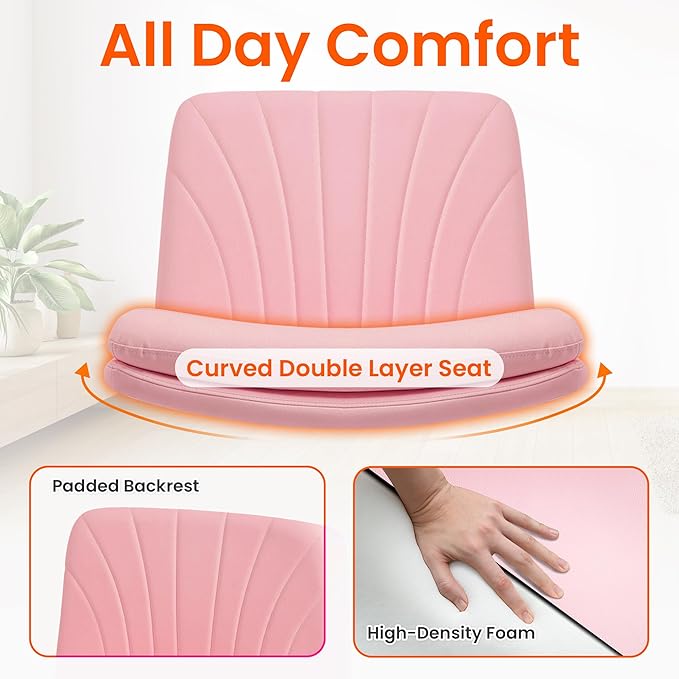 Orange Factory Criss Cross Chair with Wheels Comfy Wide Vanity Desk Chair Dual Base Leather Armless Adjustable Swivel for Home Computer Task (Pink Pu, Faux Leather)