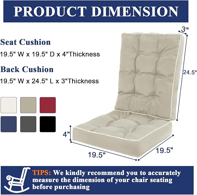 Topotdor Jumbo Rocking Chair Cushions Indoor, Tufted Rocking Chair Seat Cushion for Patio Furniture, Water Resistant Rocking Chair Pads with Ties for Nursery Balcony Chair, Hazel