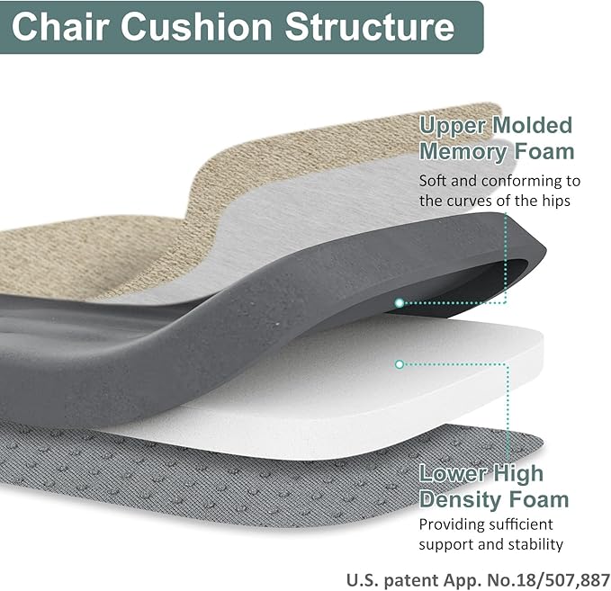 Shinnwa Dining Chair Cushions, Patented Design Molded Memory Foam Seat Cushions for Dining Chairs with Ties and Washable Cover, 17" x 16" x 2", Natural Linen