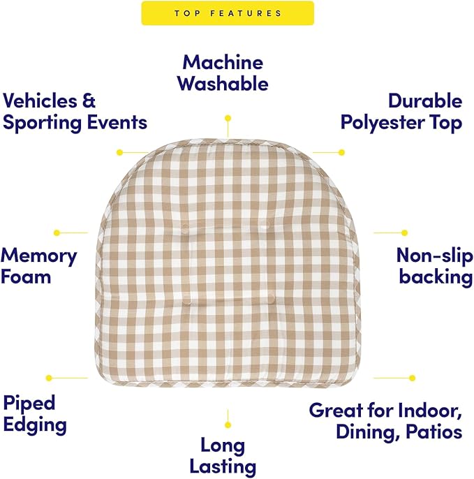 Sweet Home Collection Chair Cushion Memory Foam Pads Tufted Slip Non Skid Rubber Back U-Shaped 17" x 16" Seat Cover, 12 Pack, Checkered Taupe/White