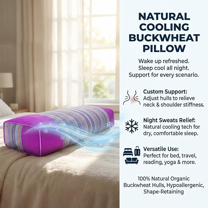 Buckwheat Pillow & Cervical Pillows for Sleeping (21x8x3inch) 100% Organic Coarse Cloth Package w Organic Buckwheat Hulls, Natural Cooling Technology and Relieve Cervical Pain. (Purple)