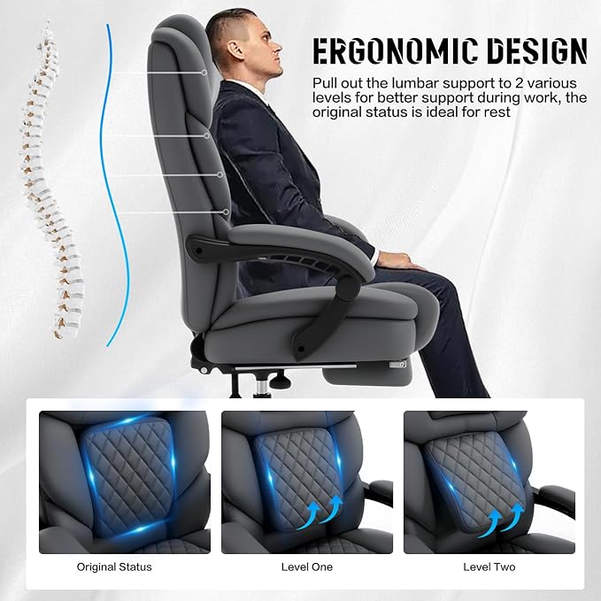 Heavy Duty Recliner Office Chair with Footrest, Wide Seat Big Tall Reclining Office Desk Chair for 500lbs Heavy People, Grey
