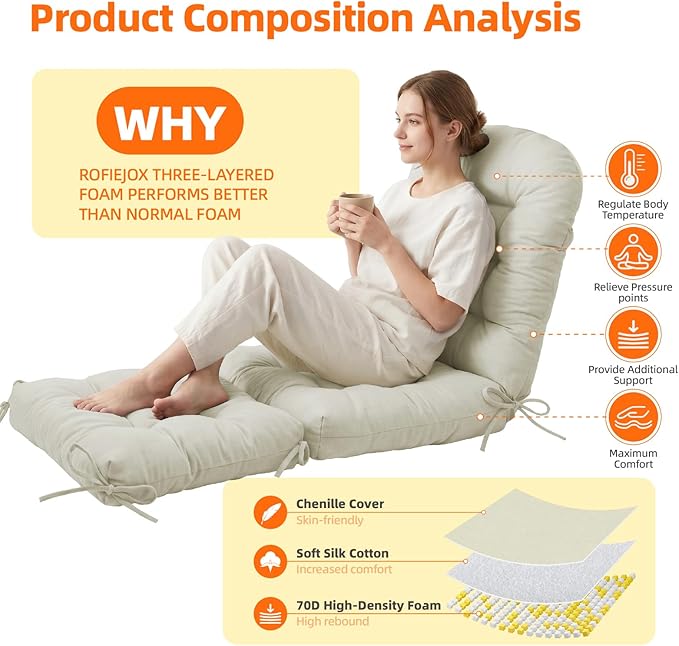 Rocking Chair Cushion Set - Soft Chenille 2-Piece Seat & Ottoman Pad, Tufted Non-Slip Design, High-Density Foam Nursery Glider Cushions, All-Season Indoor/Outdoor Rocker Comfort, Oyster White