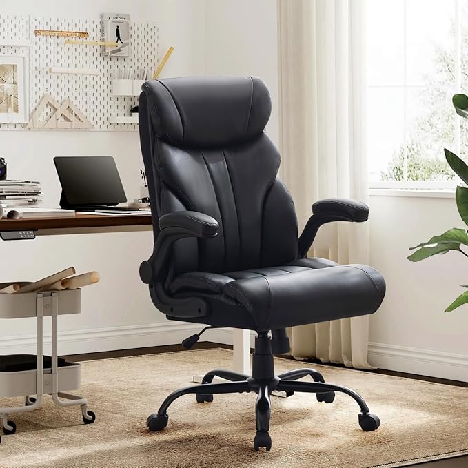 Garvee Comfortable Office Desk Chair 500 LBS, Big and Tall Office Chairs with Adjustable Flip-up Armrests,100-118°Recline Executive Leather Gaming Chair for Heavy People, Long Hours,Black