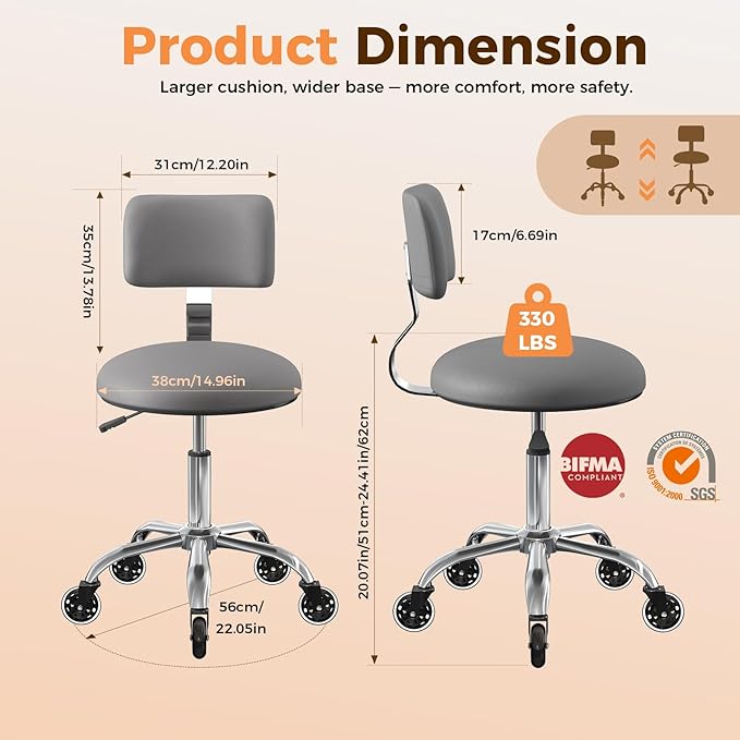 Rolling Stool Chair with Wheels, Office Drafting Chair with Back Support, Height Adjustable Standing Desk Stool with PU Leather Cushion for Home Office Kitchen Vanity Salon Garage Tattoo Dentist, Grey