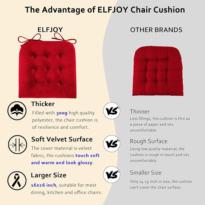 ELFJOY 4 Pack Chair Cushions for Dining Chairs Chair Pads Cushion for Kitchen Office Tufted Square Seat Cushion with Ties (U Shape Red)
