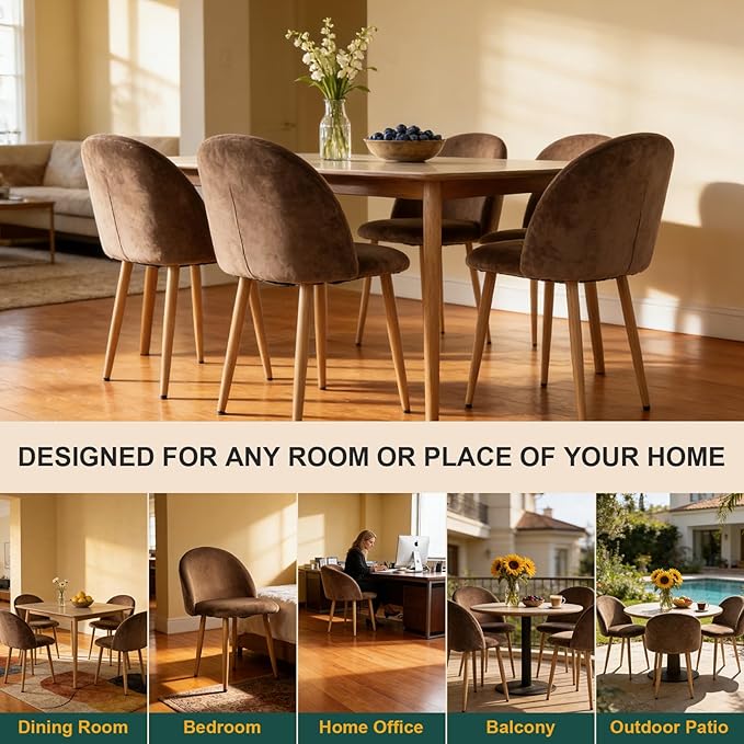 Lightdot Dining Chairs Set of 2, Velvet Comfort Seats, Medieval Modern Living Room Chair, Padded Kitchen Chair with Wood Legs and Padded Chair for Bedroom, Easy to Assemble, Brown
