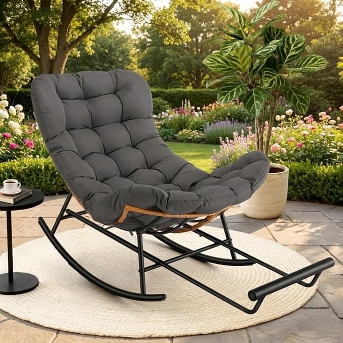 Jojoka Oversized Papasan Rocking Chair with Integrated Detachable Foot Rest, Thick Removable Cushion, PE Rattan Metal Frame Lounge Chair for Indoor Outdoor Patio, Garden, Porch, Living Room