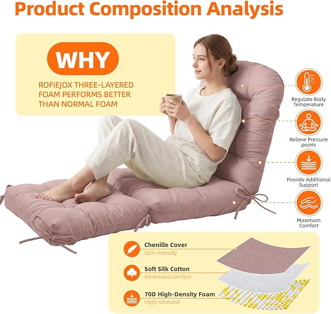Rocking Chair Cushion Set - Soft Chenille 2-Piece Seat & Ottoman Pad, Tufted Non-Slip Design, High-Density Foam Nursery Glider Cushions, All-Season Indoor/Outdoor Rocker Comfort, Pink