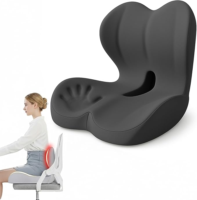 Premium Ergonomic Seat Cushion Set with Back Support, Non-Slip Base for Office Chair, Memory Foam Lumbar Pillow, Back Pain Relief, Car Seat (Dark Gray)