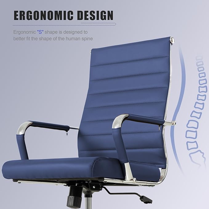 Okeysen Navy Blue Office Desk Chair, Ergonomic Leather Modern Conference Room Chairs, Executive Ribbed Height Adjustable Swivel Rolling Chair for Home Office.