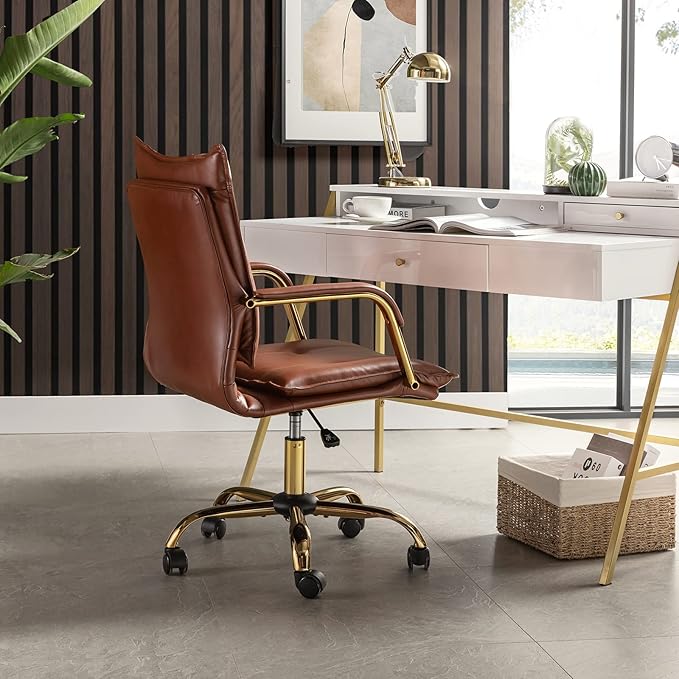 HULALA HOME Faux Leather Home Office Desk Chair, Adjustable Swivel Computer Chair with Golden Legs and Arms, Comfy Upholstered Task Chair, Brown