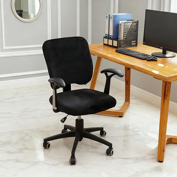 FORCHEER Split Office Chair Cover 2 Piece Black Stretch Velvet Separated Desk Chair Slipcover for Backrest and Seat Washable
