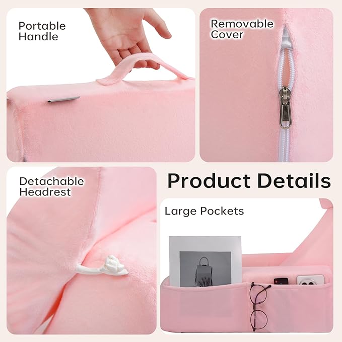 ENITYA 19" Back Support Pillow,Reading Pillow with Built-in Arms & Large Pockets, Removable Washable Cover, Wedge for Sitting,Reclining,Watching TV,Post Surgery in Bed,Couch or Floor,Medium Firm,Pink