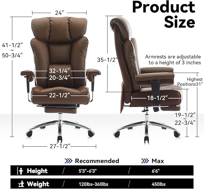 Efomao Big and Tall Office Chair with Footrest, 450lbs High Back Executive Chair with Spring Cushion, PU Leather Upholstery, Padded Armrests, Swivel Base, and Rolling Wheels – Brown Computer Chair