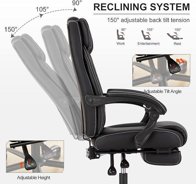 Reclining Office Chair with Footrest,Ergonomic Home Office Desk Computer Chair with Lumbar Support,Thick Executive Leather Chair,90-155° Adjustable (Black)