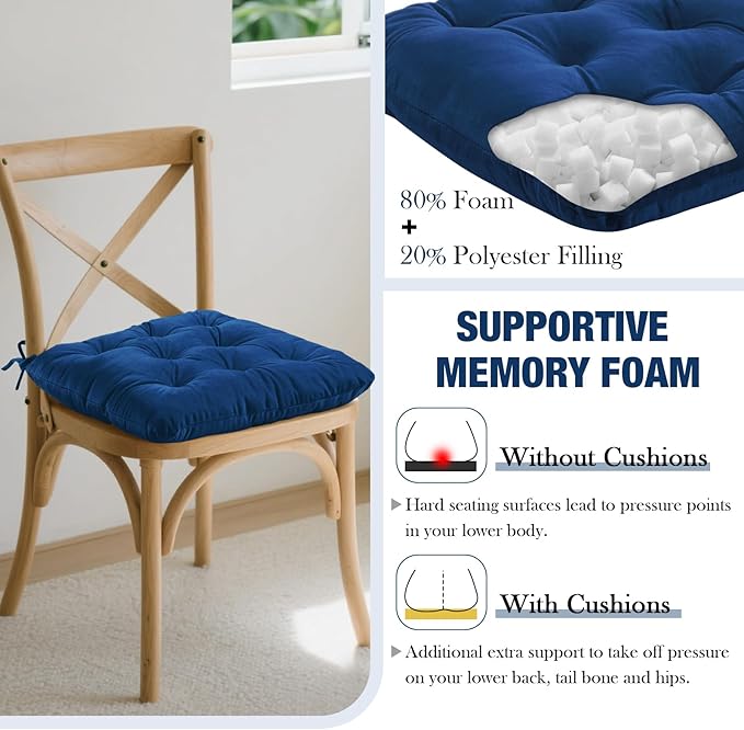 Nuanchu Memory Foam Chair Cushions Set of 4, Thick Indoor Seat Cushions for Dining Chairs Tufted Seat Pads for Kitchen, Dining Room, Office,(Royal Blue,15.5"x15.5"x4")