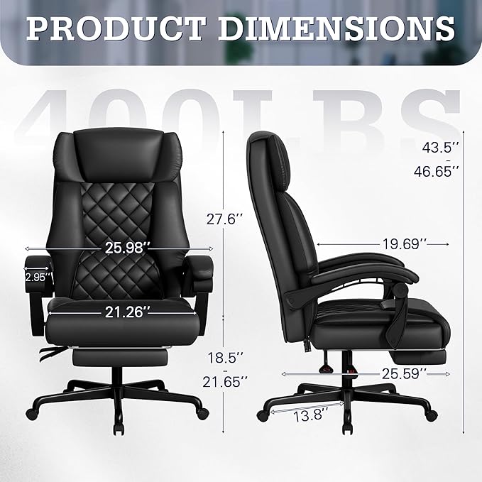 Furmax Massage Office Chair with Foot Rest 6 Points Vibration 400LBS Big and Tall Office Chair for Heavy People High Back Reclining Executive Computer Chair for Home Office Desk (Black)