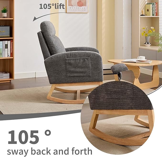 40" Fabric Nursing Rocking Chair, Nursery Chairs with Adjustable Foot Rest, High Backrest Upholstered Arm Chair with Side Pockets, Wood Rocking Chair for Living Room, Bedroom, Baby Room (Dark Gray)