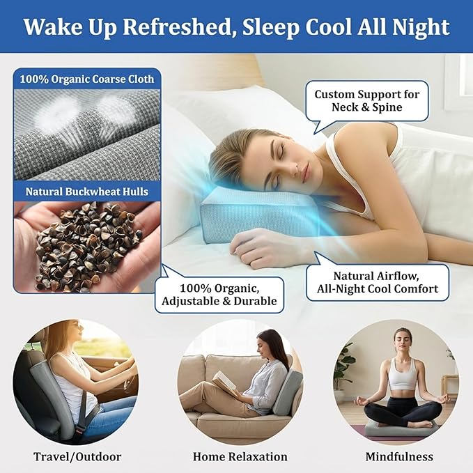 Buckwheat Pillow & Cervical Pillows for Sleeping (21x8x3inch) 100% Organic Coarse Cloth Package w Organic Buckwheat Hulls, Natural Cooling Technology and Relieve Cervical Pain. (C-Gray)