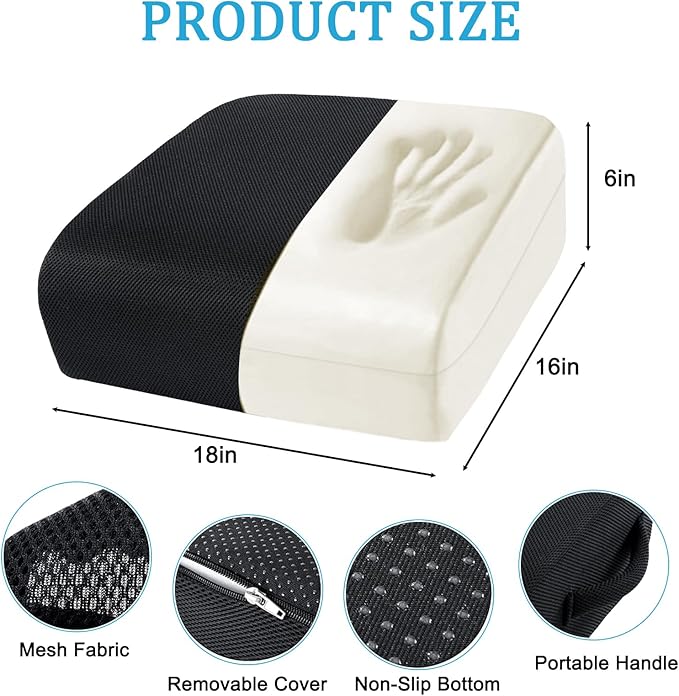 MINUPWELL 6" Extra Thick Office Chair Cushion, 2 Layers Memory Foam Adult Booster Seat Cushion, Thick Wheelchair Cushions, Thick Adult Booster seat Chair Cushion for Car Seat - 18x16x6in -（Black）