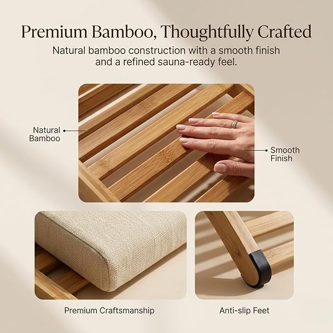 Sauna Backrest with Neck Pillow – Ergonomic S-Shape Bamboo Back Support for Infrared & Barrel Saunas – Foldable, Adjustable Headrest, Anti-Slip – Premium Lumbar Support for Long Sessions