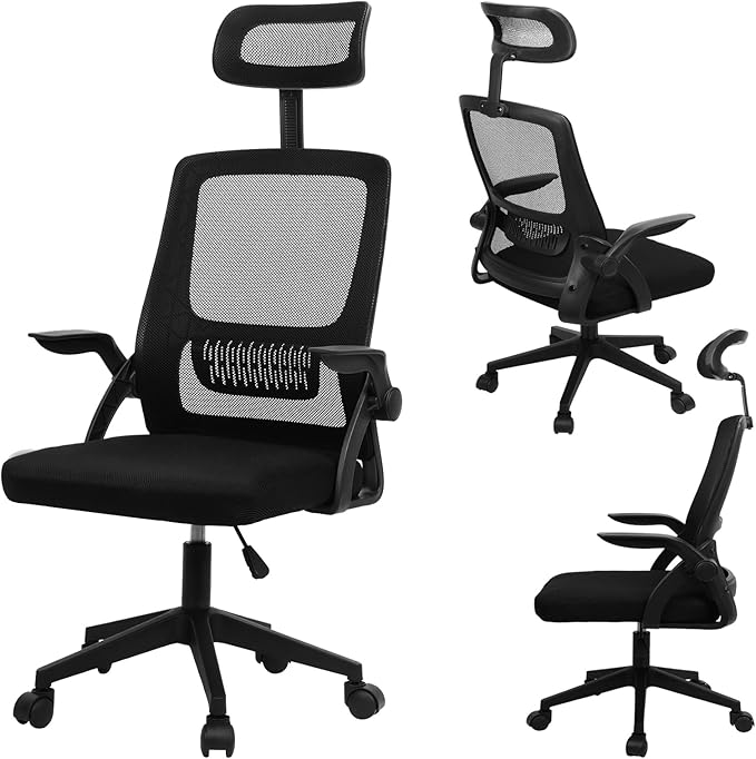 Office Chair, Ergonomic Office Chair, Computer Chair with Lumbar Support, Breathable Mesh Chair with Adjustable High with Flip-up Armrests, Rolling Computer Chair for Home Office Black