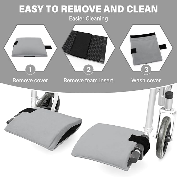 SPRING SEAON Wheelchair Footrest Covers, 1 Pair Soft Plush Foot Rest Pads with Non-Slip Backing, Removable Foam Insert, Hook-and-Loop Closure, Fits Most Standard Wheelchairs (Gray)