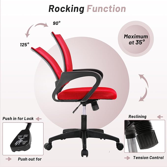 Office Chair,Work Chairs for Home Office,Ergonomic Desk Chair with Lumbar Support,Mesh Office Chair with Arm and Wide Comfortable Seat,Adjustable Rolling Office Chair,Red