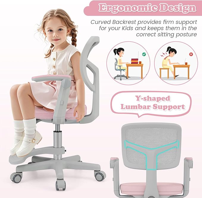 Giantex Kids Desk Chair, Ergonomic Adjustable Student Rolling Chair with Footrest & Flip-up Armrest, Mesh Children Office Chair with Universal Wheels, Kids Computer Chair for Boys & Girls, Pink