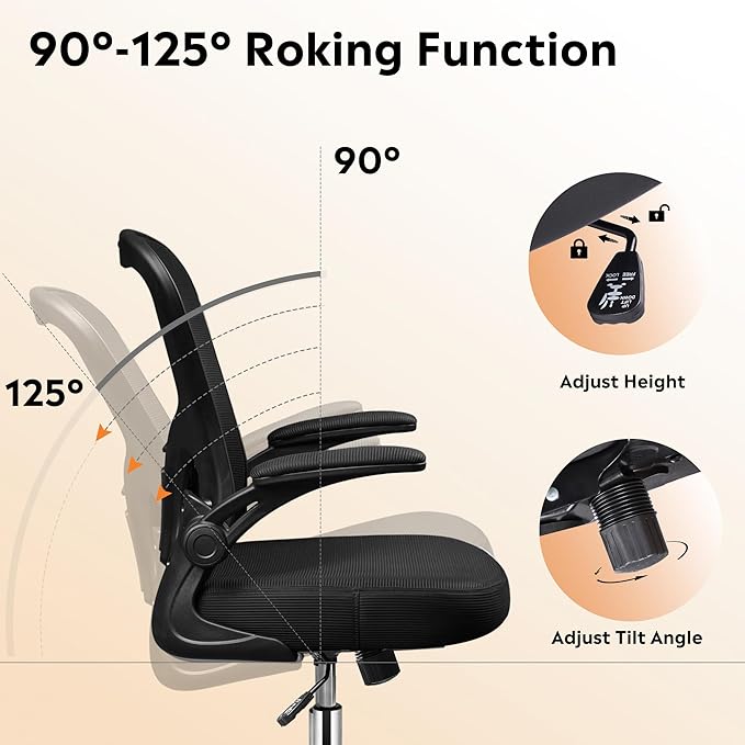 DEVAISE Office Chair, Ergonomic Computer Desk Chair with Flip-up Armrests, Comfy Mesh with Adjustable Lumbar Support, Black