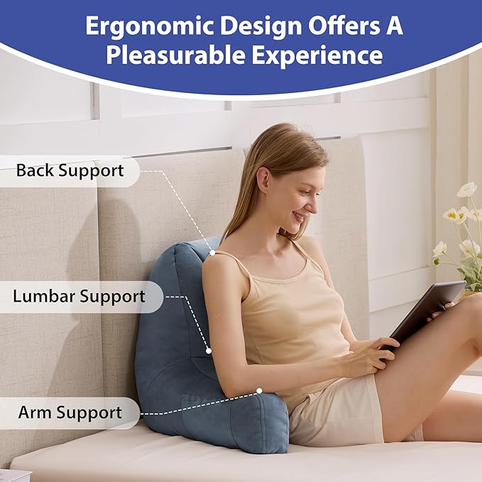 IASEAHK Reading Pillows for Sitting in Bed Adult, Back Pillow for Bed Sitting Up, Backrest Pillows with Shredded Foam for Adult&Teens, Support Pillow with Arms for Beds, Couch, Floor, 18in, Navy Blue