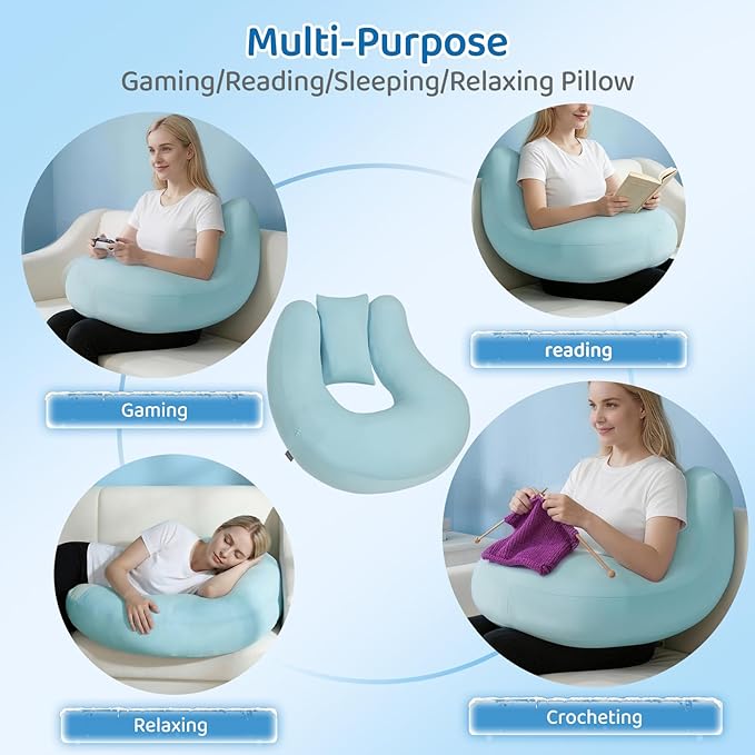 Cooling Crochet Pillow for Lap Support - Gaming Pillow for Lap with Extra Back Pillow for Support, Enlarged Reading Pillow for Laptop, Multi-Purpose Reading Pillow for Gaming/Working/Crocheting,Blue