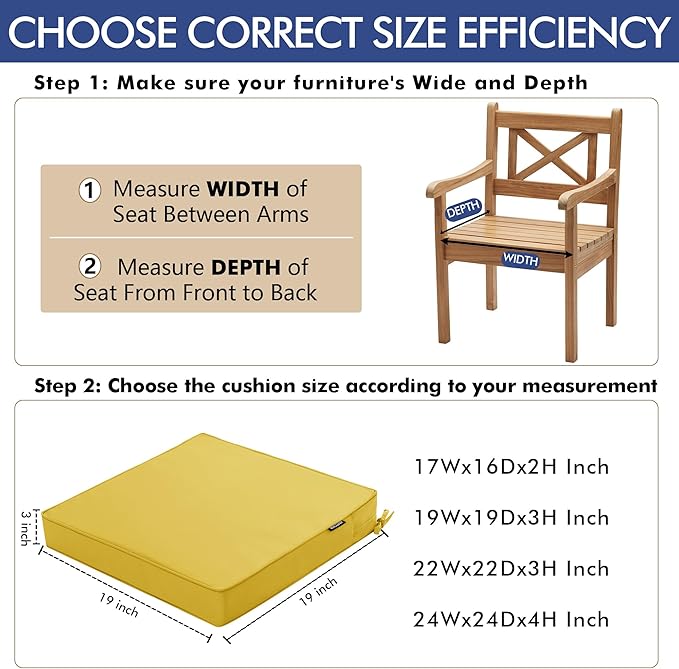 Outdoor Chair Cushions 24 x 24 Inch Water Resistant Patio Chair Cushions with Tie Color Fastness Thick Outdoor Seat Cushion for Garden Lawn Patio Furniture Yellow Set of 2