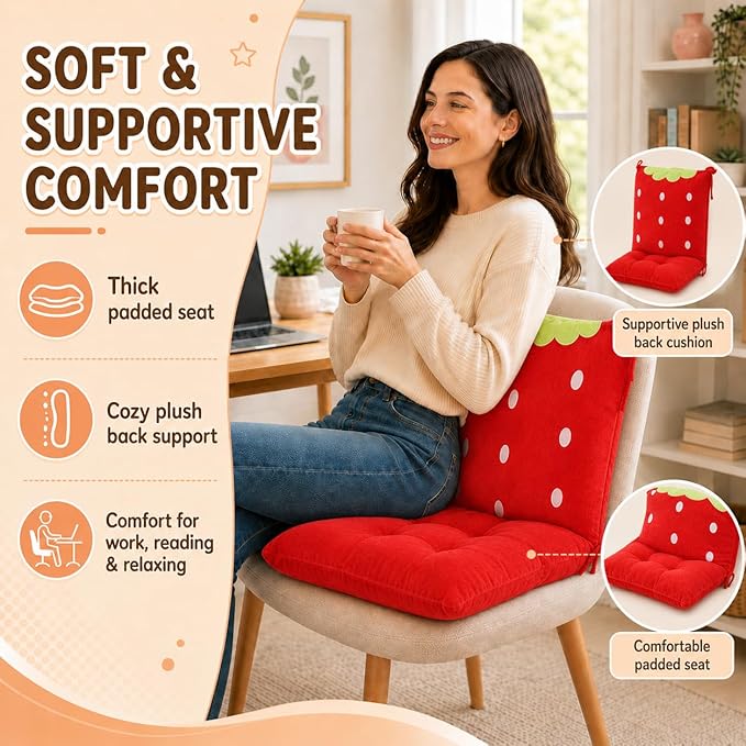 ChezMax Chair Cushion Plush Seat Cushion Back Cushion with Ties Thickened Desk Chair Pads Cartoon Waist Pillow Cushion Decor for Chair Car Office Patio Wheelchair Cartoon Strawberry