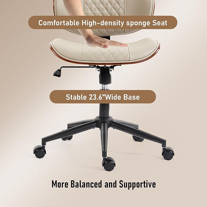 DYHOME Modern Walnut Home Office Chair with Wheels, Executive Office Desk Chair No Arms, Adjustable Height Small Desk Chair, Comfy PU, Deeper Cushion, Mid Back 360 Swivel Computer Chair, Beige